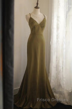 Mermaid V-Neck Satin Long Formal Prom Dress Elegant Spaghetti Strap Formal Dress