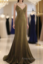 Mermaid V-Neck Satin Long Formal Prom Dress Elegant Spaghetti Strap Formal Dress