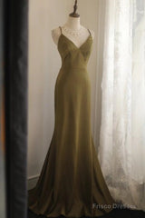 Mermaid V-Neck Satin Long Prom Dress Elegant Spaghetti Strap Formal Dress