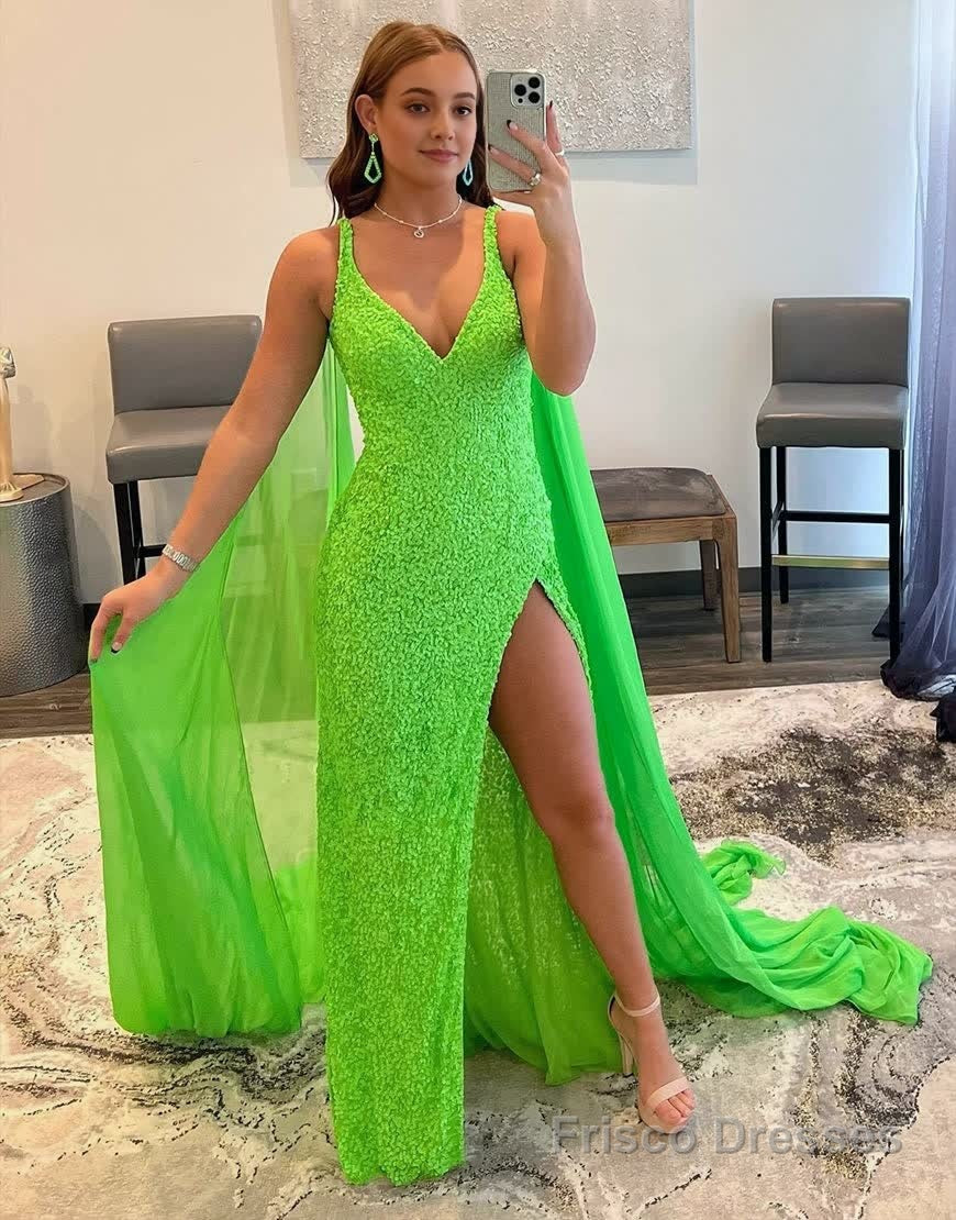 Mermaid V Neck Sequin Prom Dress with Slit