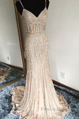 Mermaid V Neck Sequined Black Formal Prom Dress Spaghetti Straps