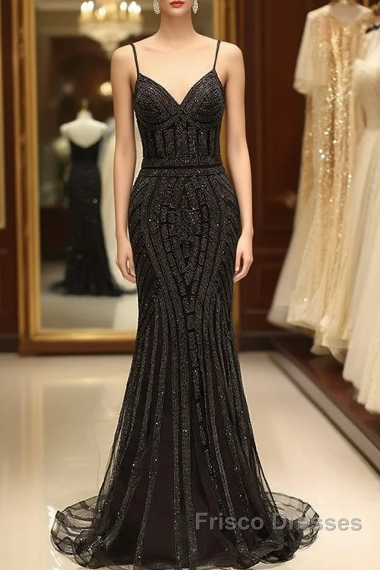 Mermaid V Neck Sequined Black Formal Prom Dress Spaghetti Straps Main image