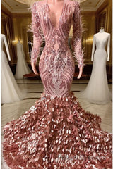 Mermaid V-neck Sequined Floor-length Long Sleeve Lace Formal Prom Dresses With Feather