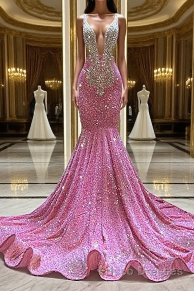Mermaid V-neck Sequined Floor-length Sleeveless Formal Prom Dresses