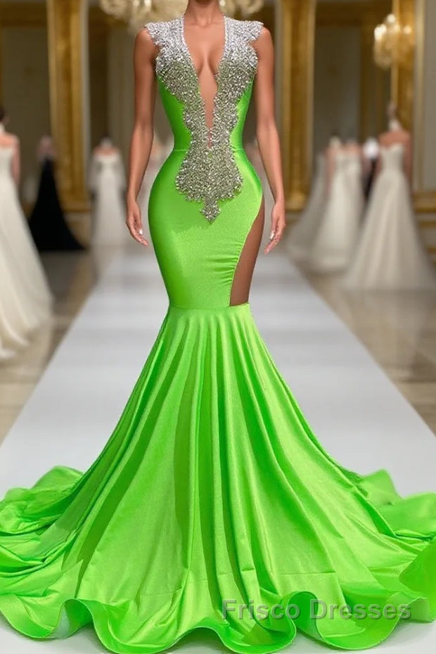 Mermaid V-neck Sequined Open Back Floor-length Sleeveless Lace Beading Formal Prom Dresses Main image