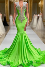 Mermaid V-neck Sequined Open Back Floor-length Sleeveless Lace Beading Formal Prom Dresses
