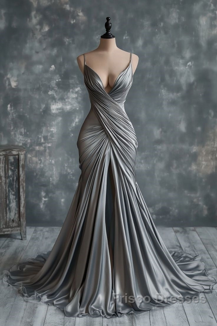 Mermaid V Neck Silver Spaghetti Straps Satin Long Formal Prom Dress Sexy Evening Dress Secondary image