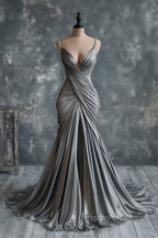 Mermaid V Neck Silver Spaghetti Straps Satin Long Formal Prom Dress Sexy Evening Dress