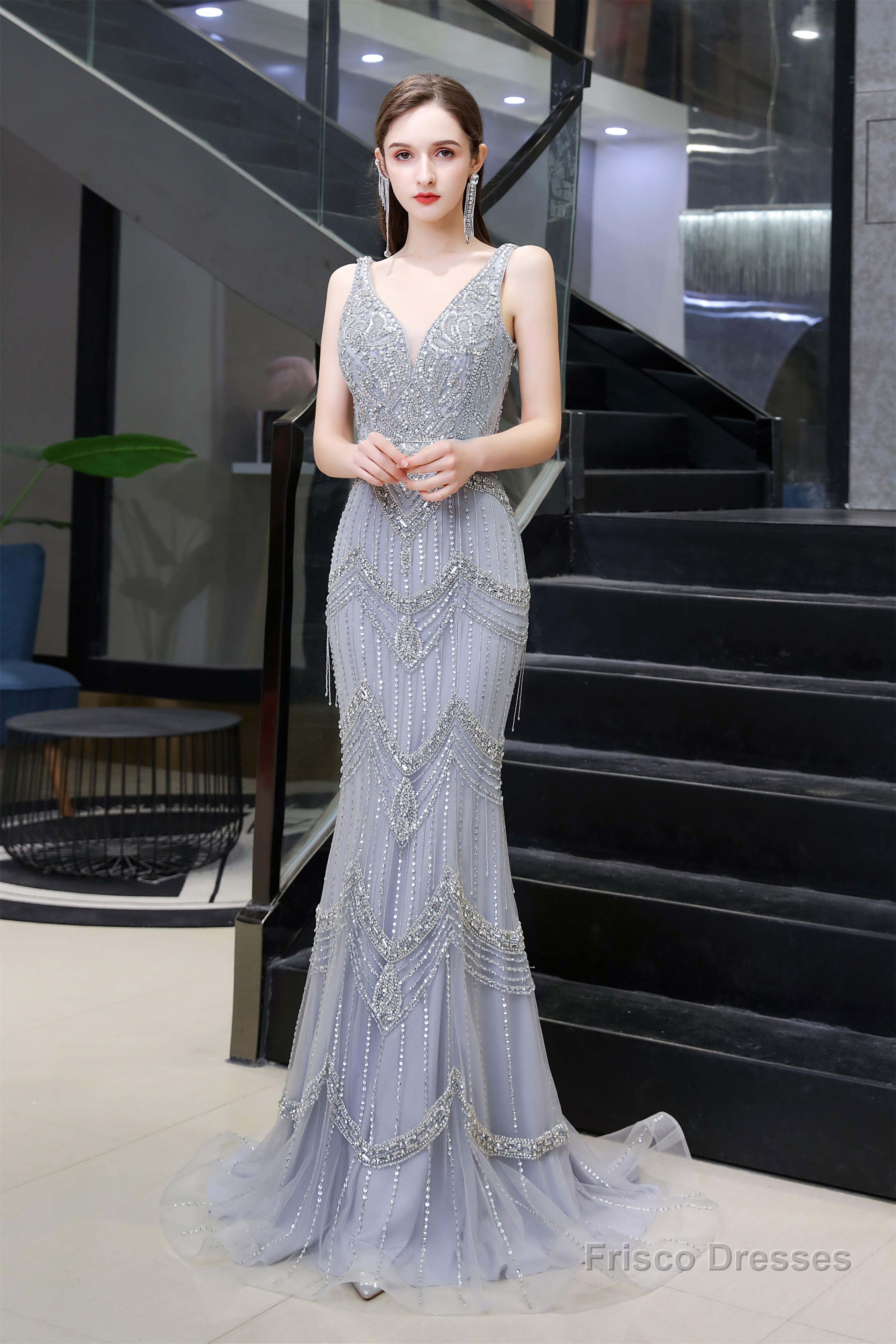 Mermaid V Neck Sleeveless Floor Length Prom Dresses With Crystal Beading Main image