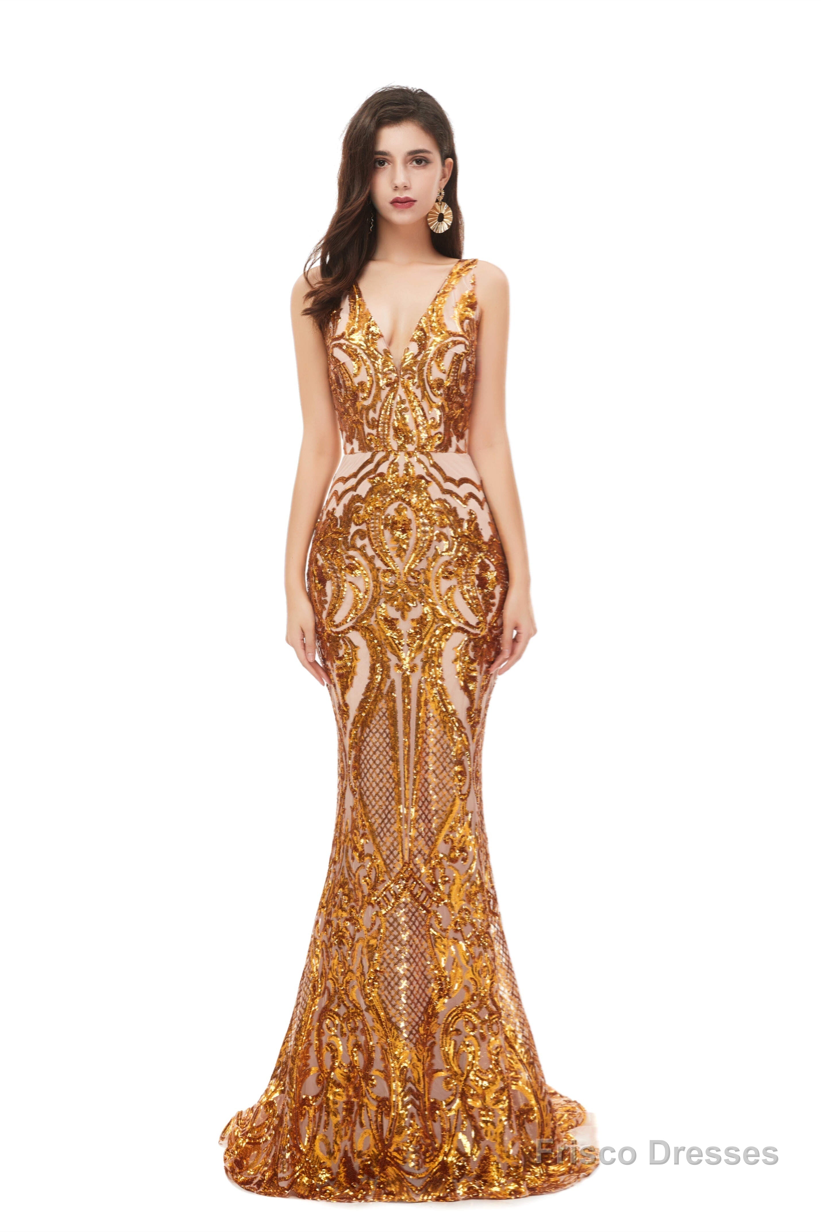 Mermaid V Neck Sleeveless Sequind Long Prom Dresses