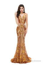 Mermaid V Neck Sleeveless Sequind Long Prom Dresses