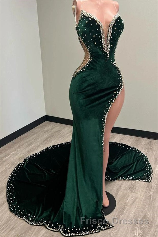 Mermaid V-neck Spaghetti strap Beaded High Split Floor-length Sleeveless Formal Prom Dresses