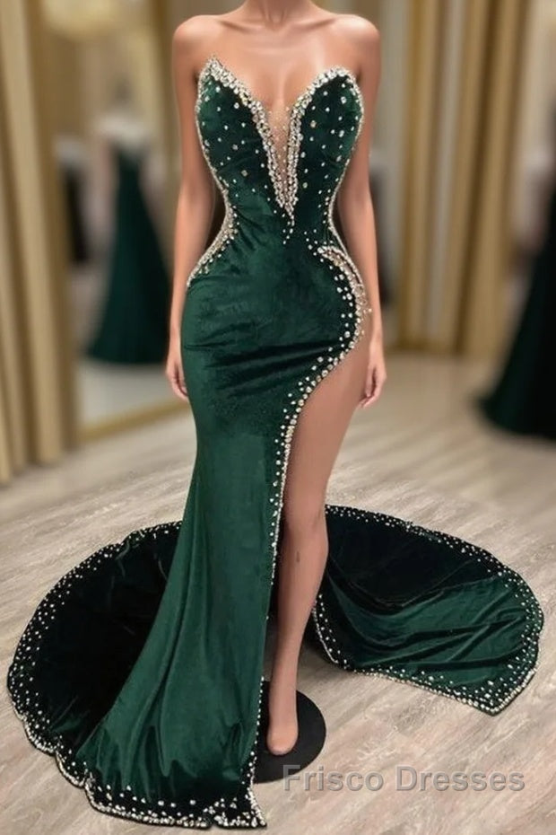 Mermaid V-neck Spaghetti strap Beaded High Split Floor-length Sleeveless Formal Prom Dresses
