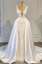 Mermaid V-neck Spaghetti strap Lace Floor-length Sleeveless Applique Beaded With Side Train Wedding Dress