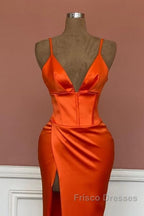 Mermaid V-Neck Spaghetti Straps Satin Dress With Slit