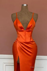 Mermaid V-Neck Spaghetti Straps Satin Dress With Slit