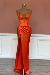 Mermaid V-Neck Spaghetti Straps Satin Dress With Slit