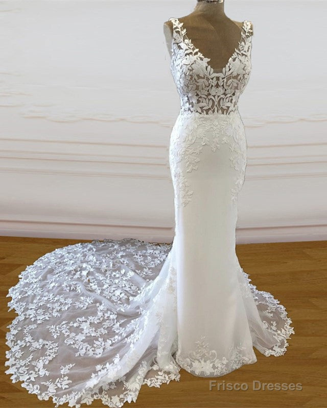 Mermaid V Neck Sweep Train Lace Embroidery Wedding Dress Main image