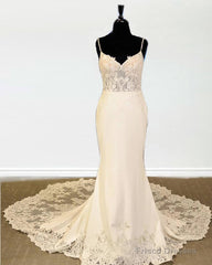 Mermaid V Neck Sweep Train Wedding Dress Lace Appliques
