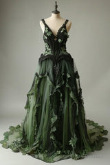Mermaid V-Neck Tulle Applique Long Prom Dress Vintage Lace Formal Evening Dress