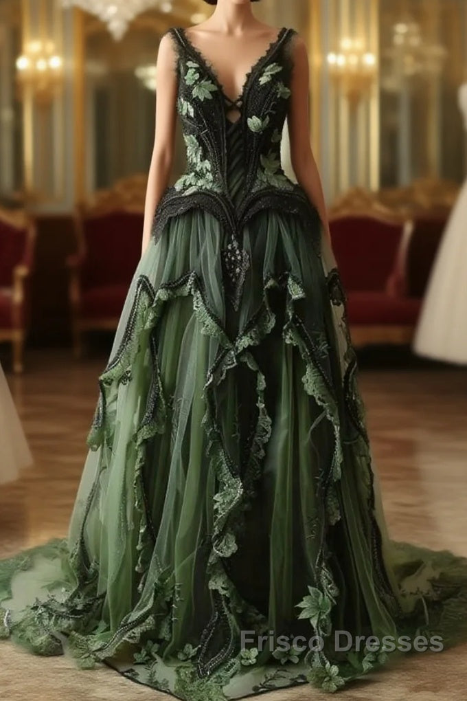 Mermaid V-Neck Tulle Applique Long Formal Prom Dress Vintage Lace Formal Evening Dress Main image