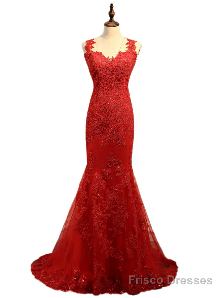 Mermaid V-neck Tulle Appliques Lace See Through Sexy Long Prom Dresses