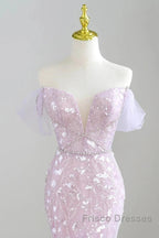 Mermaid V Neck Tulle Sequin Purple Long Formal Prom Dress Formal Dress