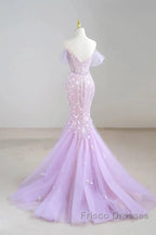 Mermaid V Neck Tulle Sequin Purple Long Formal Prom Dress Formal Dress
