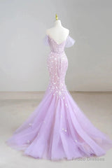 Mermaid V Neck Tulle Sequin Purple Long Prom Dress Formal Dress