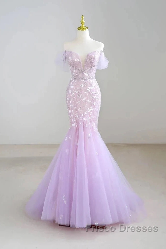 Mermaid V Neck Tulle Sequin Purple Long Formal Prom Dress Formal Dress