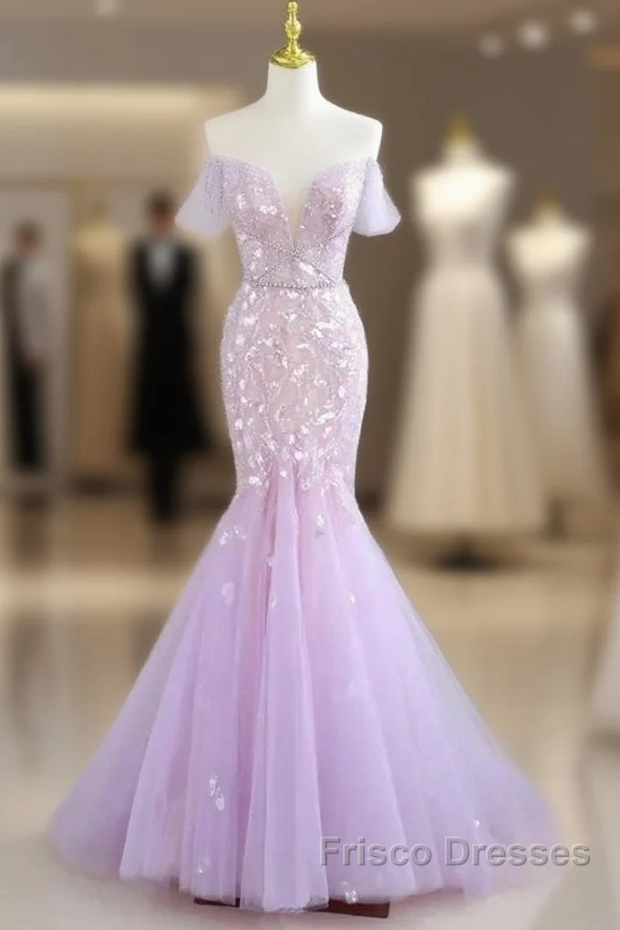 Mermaid V Neck Tulle Sequin Purple Long Formal Prom Dress Formal Dress Main image