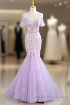 Mermaid V Neck Tulle Sequin Purple Long Formal Prom Dress Formal Dress