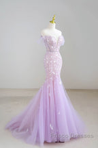 Mermaid V Neck Tulle Sequin Purple Long Formal Prom Dress, Purple Long Formal Dress