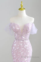 Mermaid V Neck Tulle Sequin Purple Long Formal Prom Dress, Purple Long Formal Dress