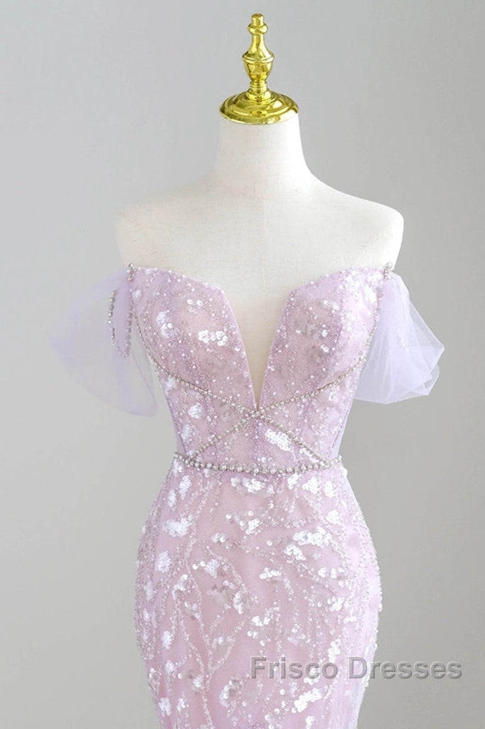 Mermaid V Neck Tulle Sequin Purple Long Formal Prom Dress, Purple Long Formal Dress