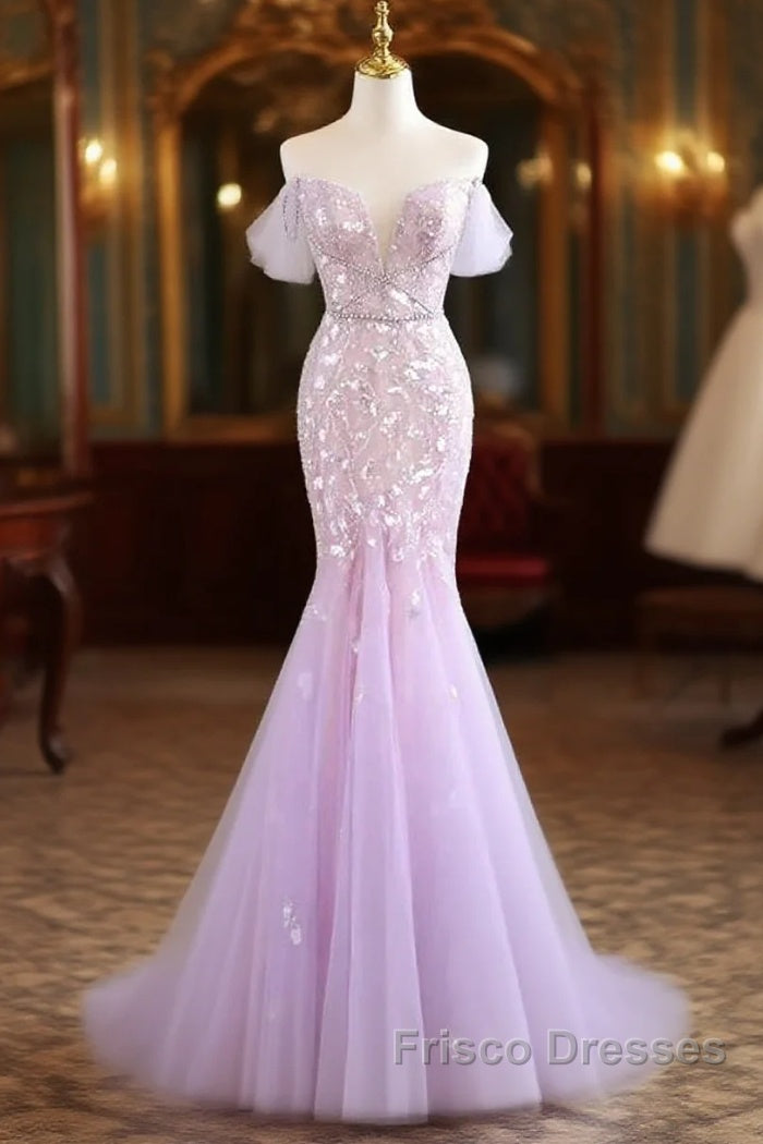 Mermaid V Neck Tulle Sequin Purple Long Formal Prom Dress, Purple Long Formal Dress Main image