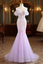Mermaid V Neck Tulle Sequin Purple Long Formal Prom Dress, Purple Long Formal Dress