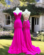 Mermaid V-Neckline Cross-Back Satin Dress