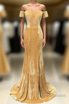 Mermaid Velvet Bridesmaid Dress Off Shoulder Gold Wedding Formal Dress