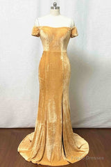 Mermaid Velvet Bridesmaid Dress Off Shoulder Gold Wedding Formal Dress