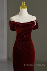 Mermaid Velvet Burgundy Long Formal Prom Dress, Burgundy Long Evening Dress