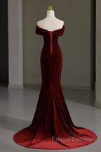 Mermaid Velvet Burgundy Long Formal Prom Dress, Burgundy Long Evening Dress