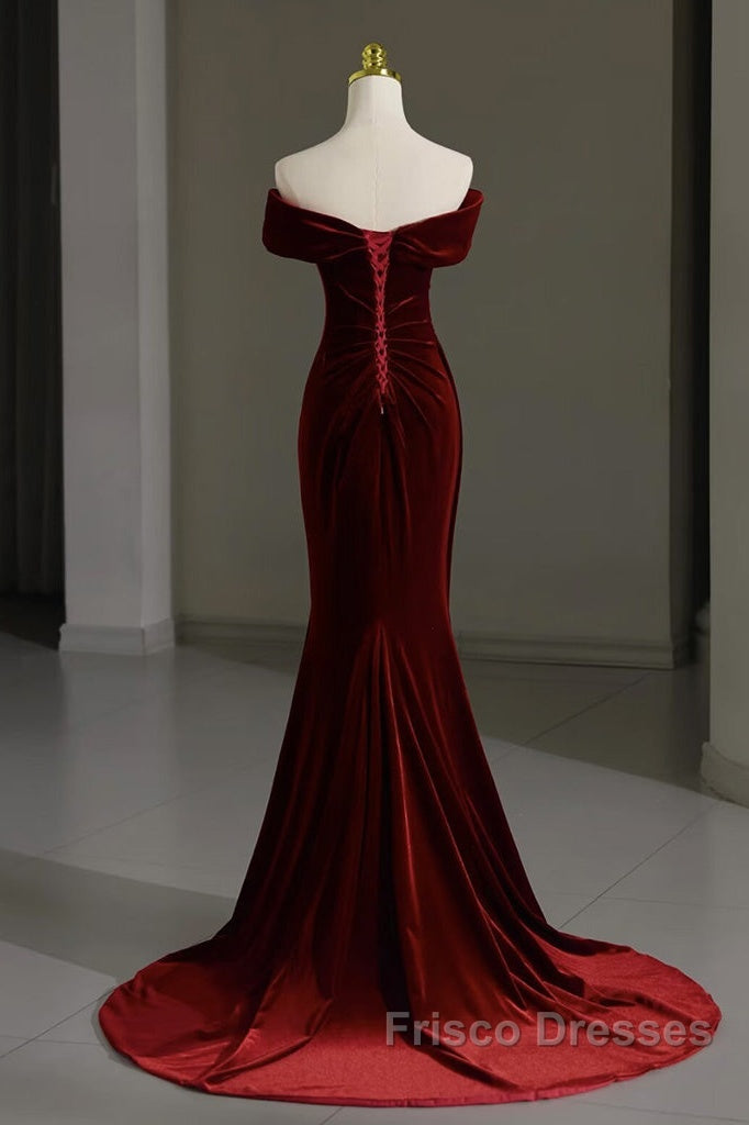 Mermaid Velvet Burgundy Long Formal Prom Dress, Burgundy Long Evening Dress