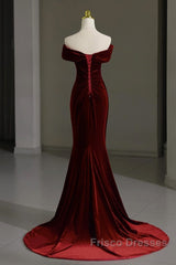 Mermaid Velvet Burgundy Long Formal Prom Dress, Burgundy Long Evening Dress