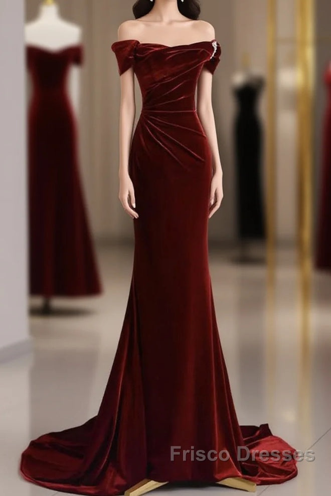 Mermaid Velvet Burgundy Long Formal Prom Dress, Burgundy Long Evening Dress