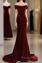 Mermaid Velvet Burgundy Long Formal Prom Dress, Burgundy Long Evening Dress