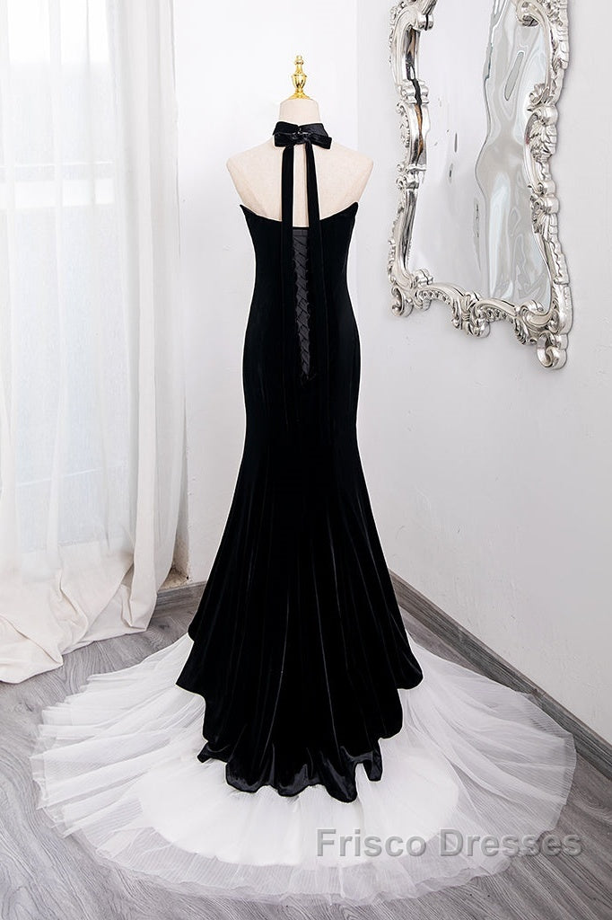 Mermaid Velvet Tulle Black Long Formal Prom Dress, Black Long Formal Dress