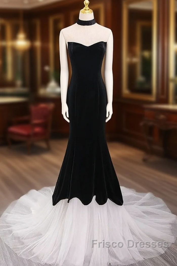 Mermaid Velvet Tulle Black Long Formal Prom Dress, Black Long Formal Dress