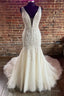Mermaid White Tulle Lace Plunge V Long Wedding Dress Open Back