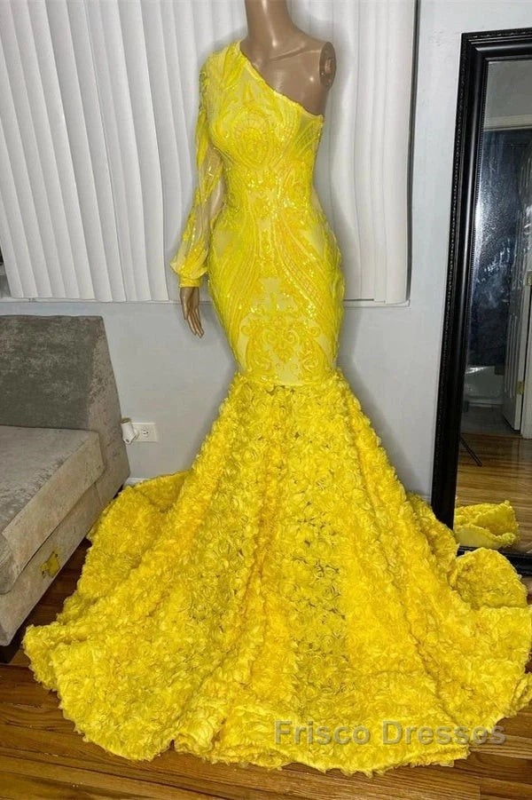 Mermaid Yellow One Shoulder Long Sleeve Formal Prom Dress
